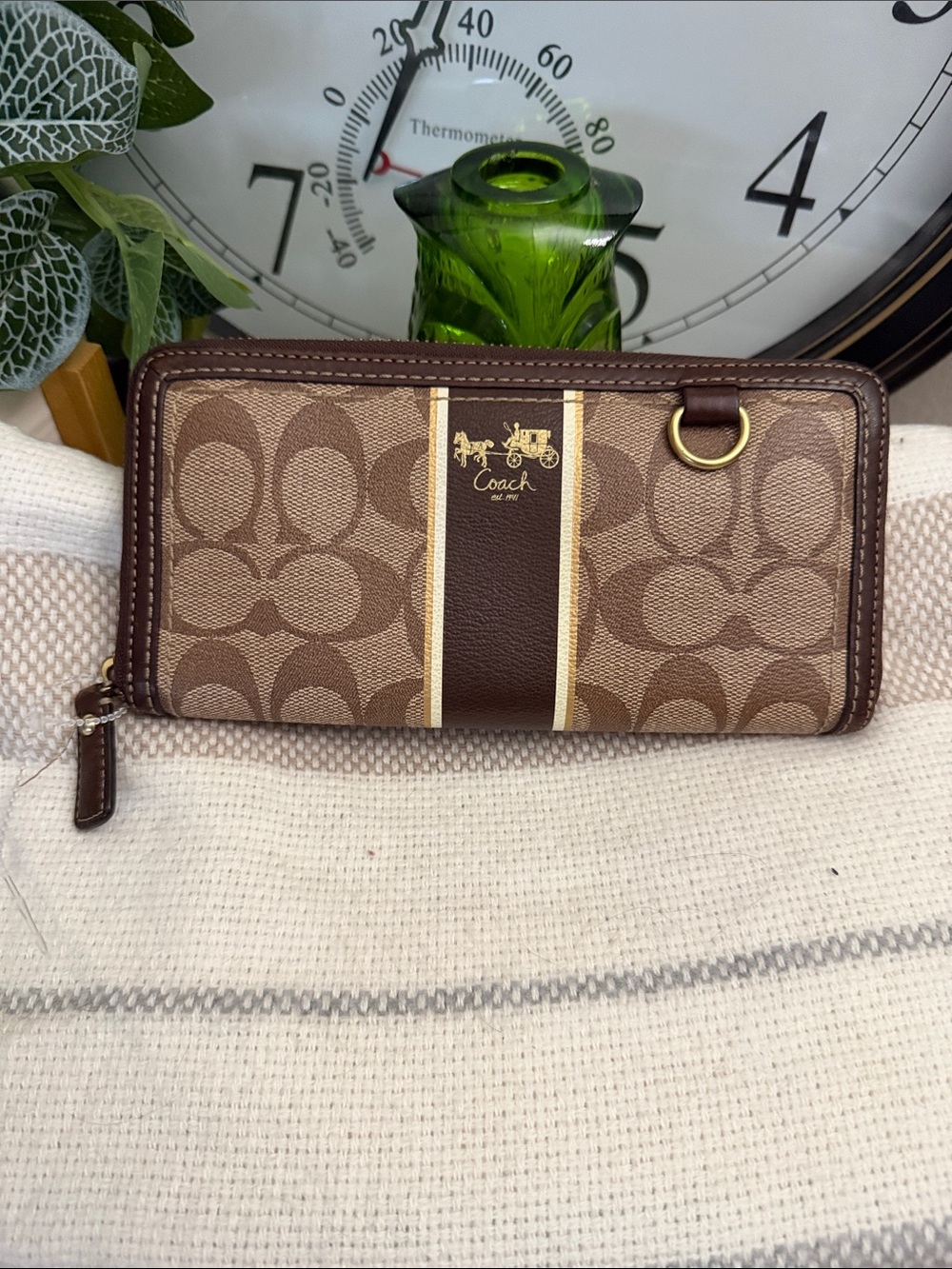 Coach Signature Heritage Brown Zip-Around Long Wallet with Stripe